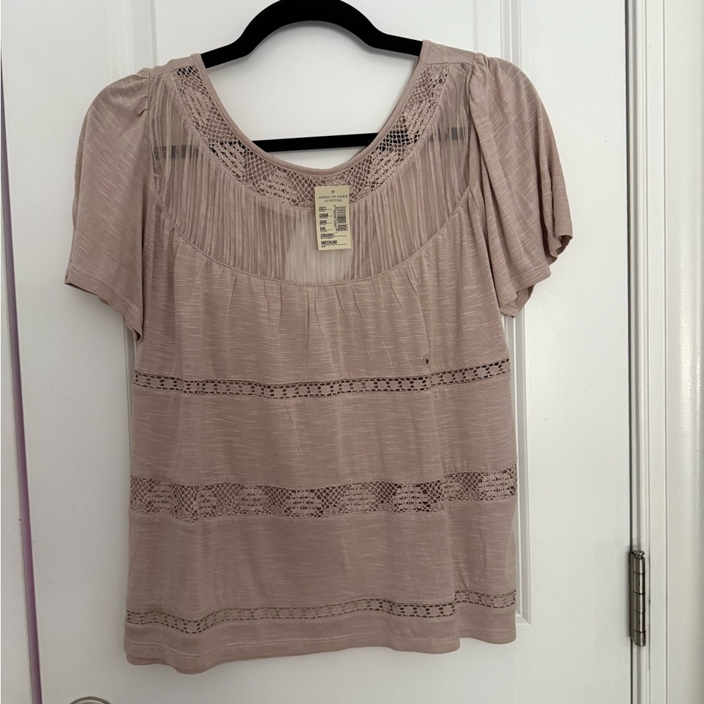 American Eagle Outfitters Tan Smocked Puff Sleeve Blouse